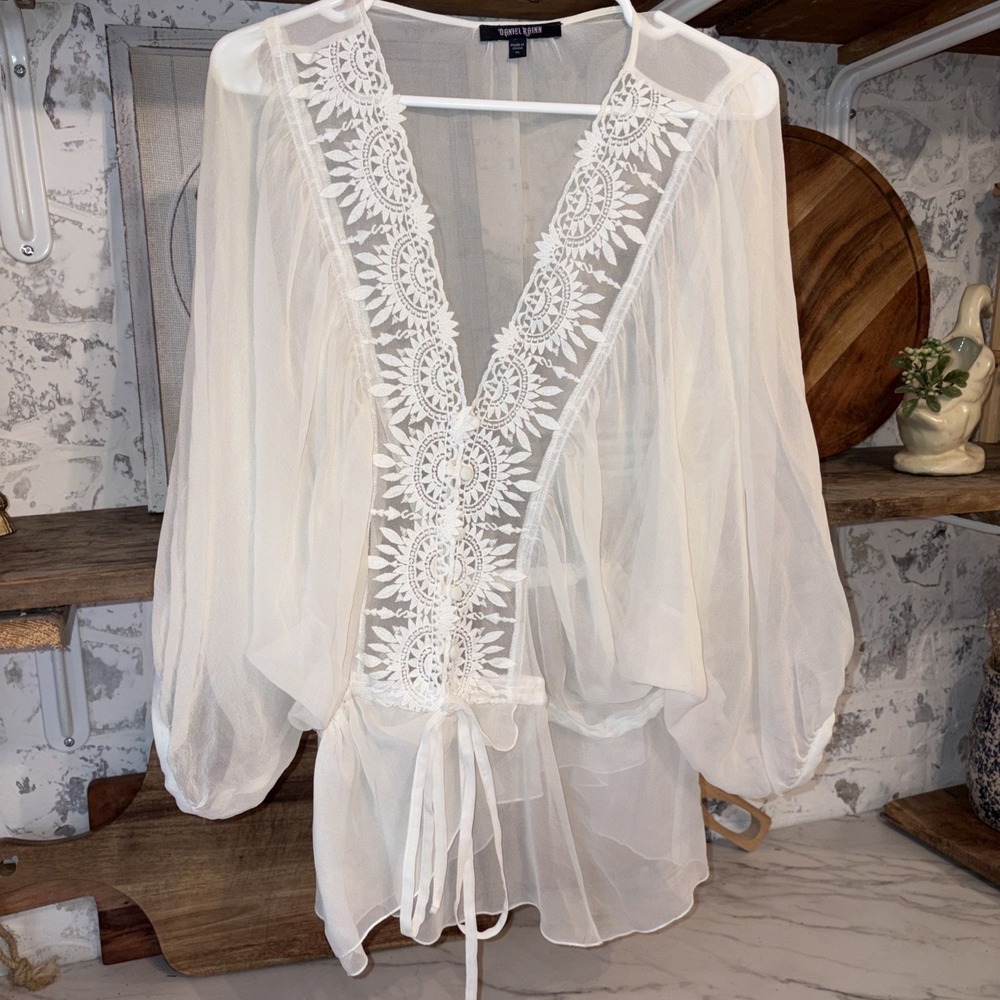 Daniel Rain Women's 2XL Lace Sheer Romantic Bohemian Drapey Festival Shirt